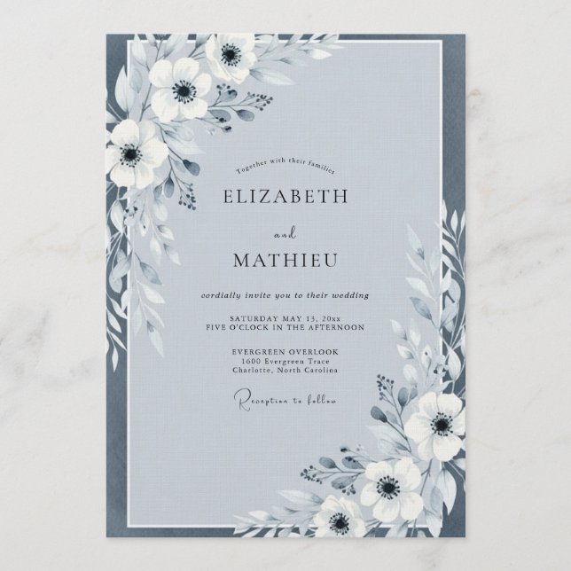 Invitation Anémone Mariage Bleu Ardoise Peint (Devant)