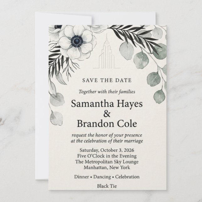 Invitation Anémone monochrome, Eucalyptus, Motif de Skyline,  (Devant)