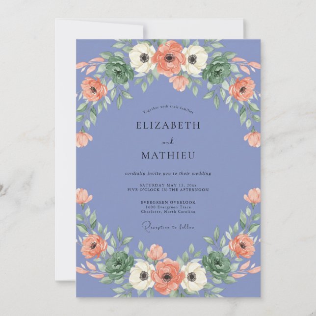 Invitation Anémone Pervenche Peinture de Mariage (Devant)