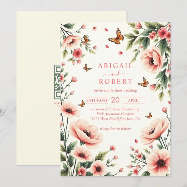 Invitation Anémone rose, papillons bordure florale mariage  (Devant / Derrière)