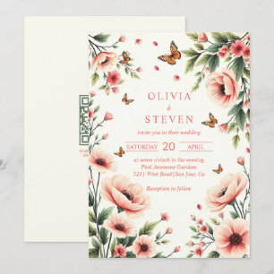 Invitation Anémone rose, papillons bordure florale mariage
