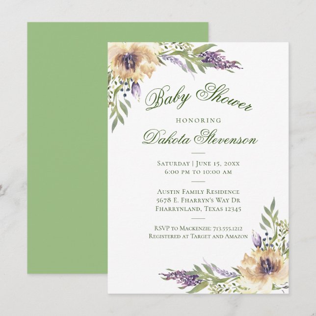 Invitation Anemone Verdure Floral Boho Chic Baby shower (Devant / Derrière)