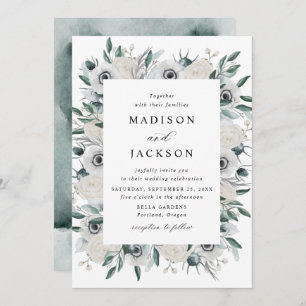 Invitation Anémones blancs et Mariage Rose