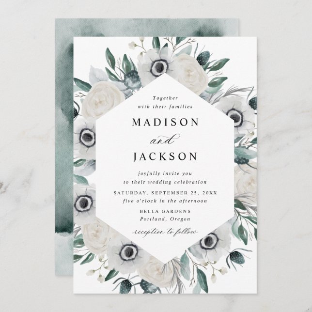 Invitation Anémones blancs et Mariage Rose (Devant / Derrière)