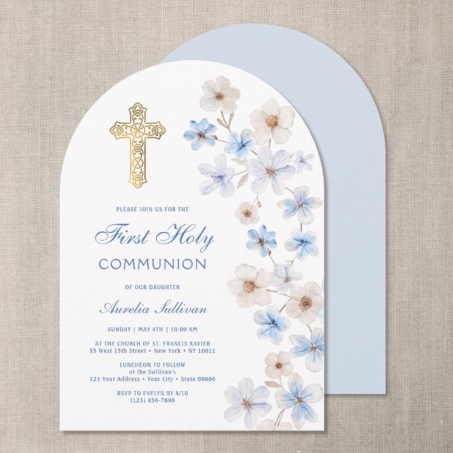 Invitation Anémones Bleu Blanc Arch Première Communion (Créateur téléchargé)