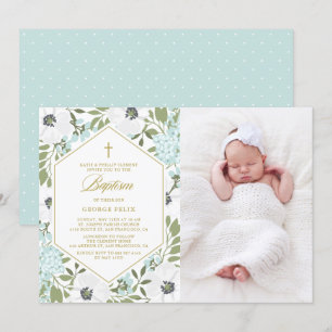 Invitation Anémones Bleu Floral Photo Bébé Garçon Baptême