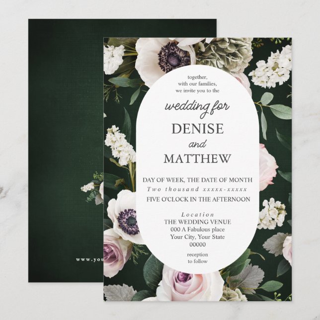 Invitation Anéone blanche sur Mariage Emerald (Devant / Derrière)
