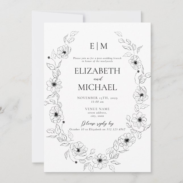 Invitation Anéone Noir & Blanc Floral Monogramme Post Mariage (Devant)