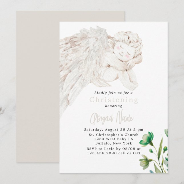 Invitation Ange aux ailes vertes florales baptême  (Devant / Derrière)
