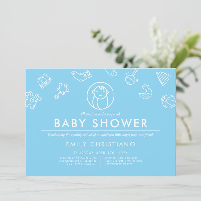 Invitation Ange couchant | Baby shower minimal bleu uni (Debout devant)