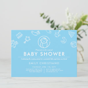 Invitation Ange couchant   Baby shower minimal bleu uni