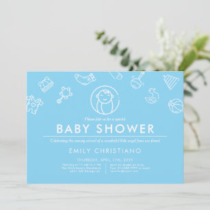 Invitation Ange couchant   Baby shower minimal bleu uni