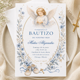 Invitation Ange de baptême aquarelle florale bleue