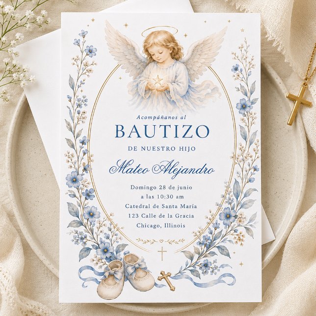 Invitation Ange de baptême aquarelle florale bleue  (Blue Watercolor Angel Baptism Invitation | Elegant Christening Theme)