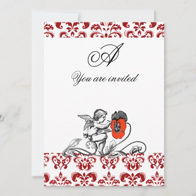 INVITATION ANGE DÉCORANT UNE FLEUR ROUGE DE DAMAS MONOGRAMME (Devant)