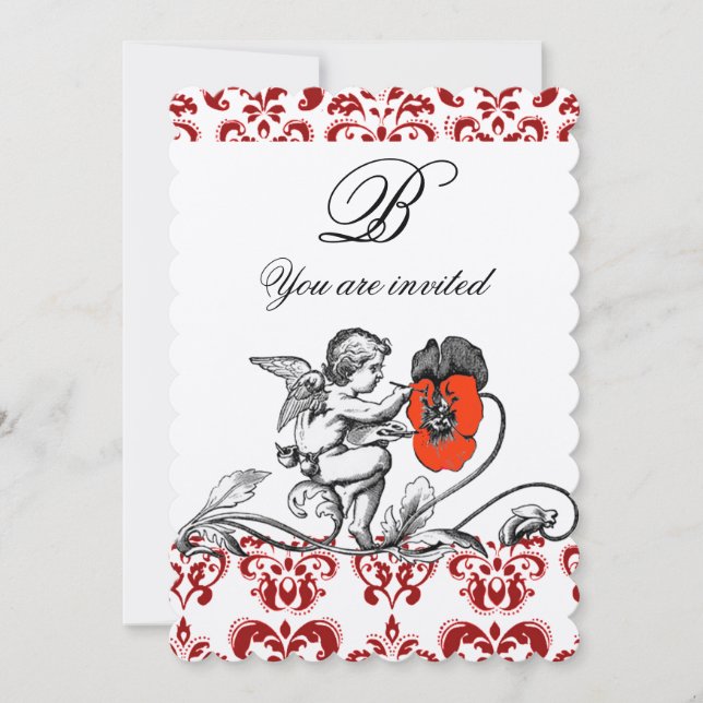INVITATION ANGE DÉCORATIF BRODANT UNE FLEUR ROUGE SUR UNE ÉTO (Devant)