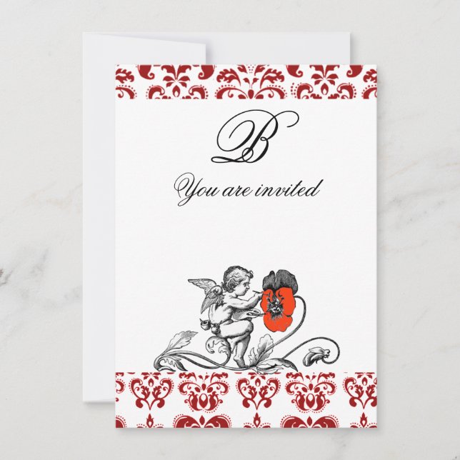 INVITATION ANGE DÉCORÉ D'UNE FLEUR ROUGE BRODÉE MONOGRAMME EN (Devant)