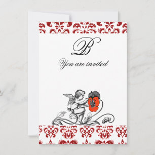 INVITATION ANGE DÉCORÉ D'UNE FLEUR ROUGE BRODÉE MONOGRAMME EN