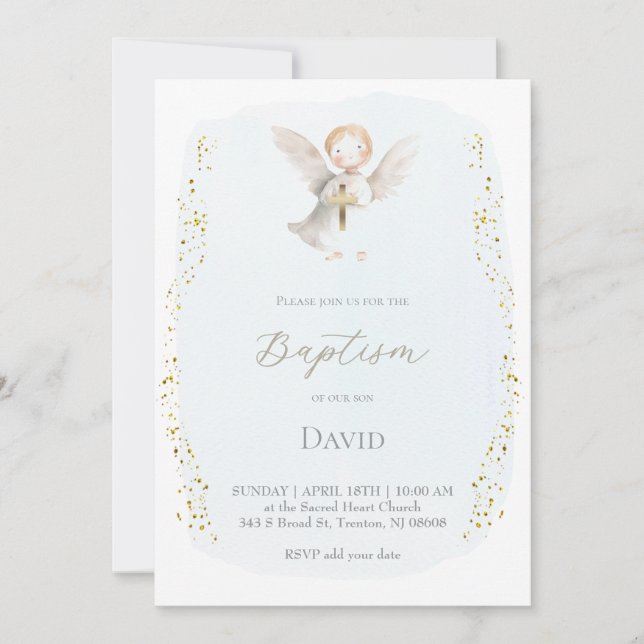 Invitation ange en aquarelle petit Baptême bébé garçon (Devant)