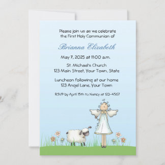 Invitation Ange et agneau, bleu, première communion