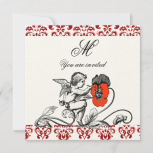 INVITATION ANGE FEUTRE À MONOGRAMME EN DAMAS À FLEUR ROUGE PE