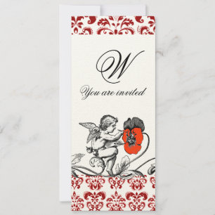 INVITATION ANGE FEUTRE À MONOGRAMME EN DAMASSÉ FLEUR ROUGE PE