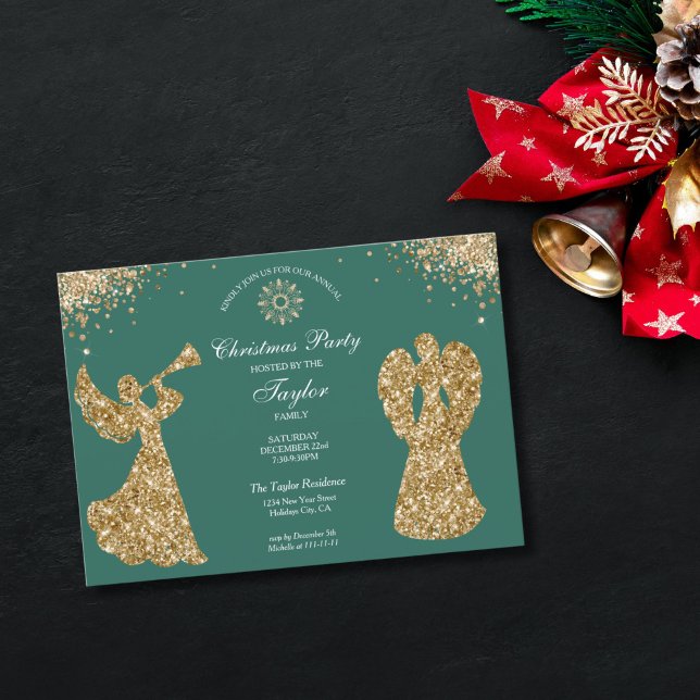 Invitation Ange Noël Arbre Famille Dîner (religious family christmas party invitation with green background and gold trumpet angels)