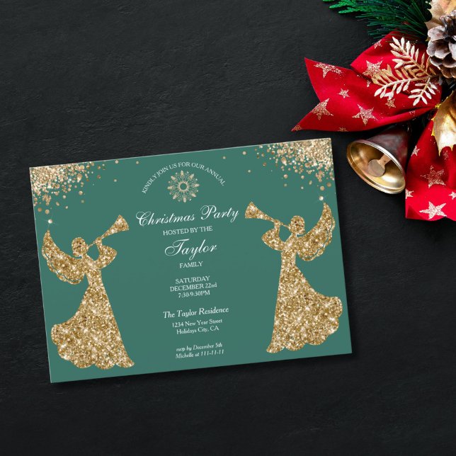 Invitation Ange Noël Arbre Famille Dîner (religious family christmas party invitation with green background and gold trumpet angels)