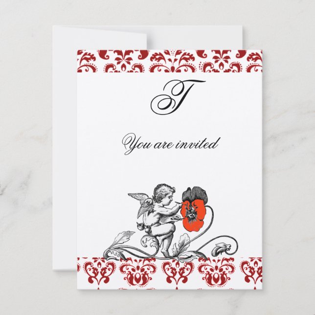 INVITATION ANGE PEINTURE D'UNE FLEUR ROUGE DAMAS MONOGRAMME A (Devant)