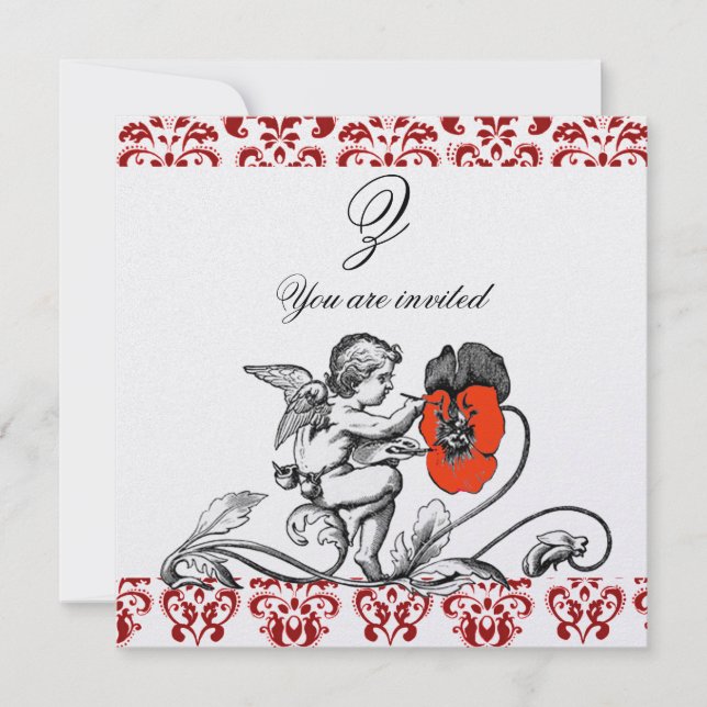 Invitation ANGE PEINTURE D'UNE FLEUR ROUGE DAMAS MONOGRAMME g (Devant)