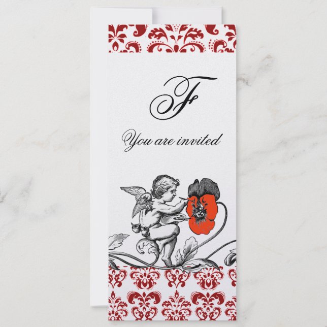 Invitation ANGE PEINTURE D'UNE FLEUR ROUGE DAMAS MONOGRAMME g (Devant)
