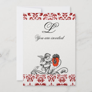 Invitation ANGE PEINTURE D'UNE FLEUR ROUGE DAMAS MONOGRAMME g