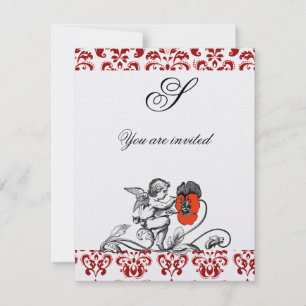 Invitation ANGE PEINTURE D'UNE FLEUR ROUGE DAMAS MONOGRAMME g