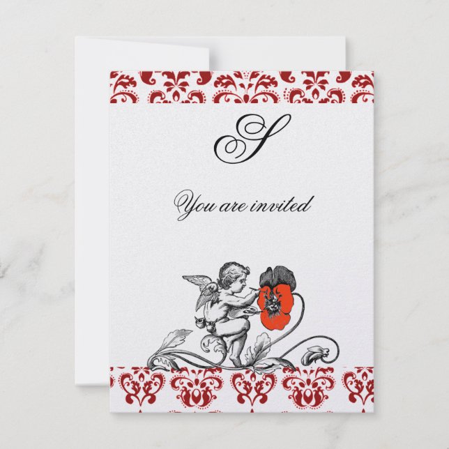 Invitation ANGE PEINTURE D'UNE FLEUR ROUGE DAMAS MONOGRAMME g (Devant)