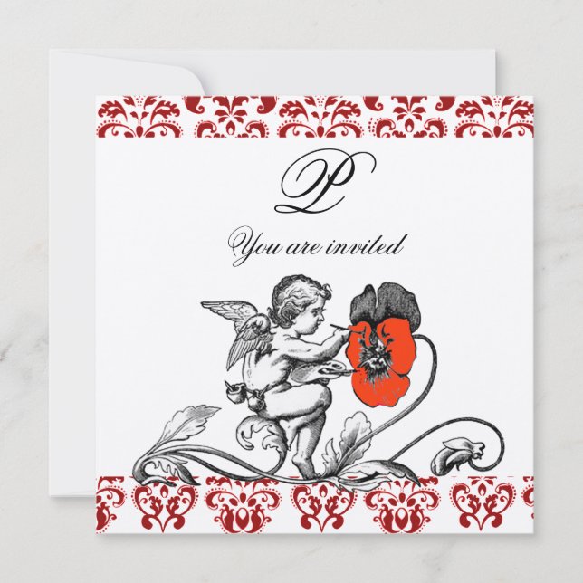 Invitation ANGE PEINTURE D'UNE FLEUR ROUGE DAMAS MONOGRAMME o (Devant)