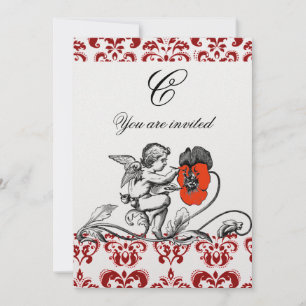 INVITATION ANGE PEINTURE D'UNE FLEUR ROUGE DAMAS MONOGRAMME P