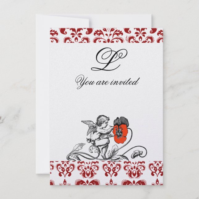 INVITATION ANGE PEINTURE D'UNE FLEUR ROUGE EN DAMAS MONOGRAMM (Devant)