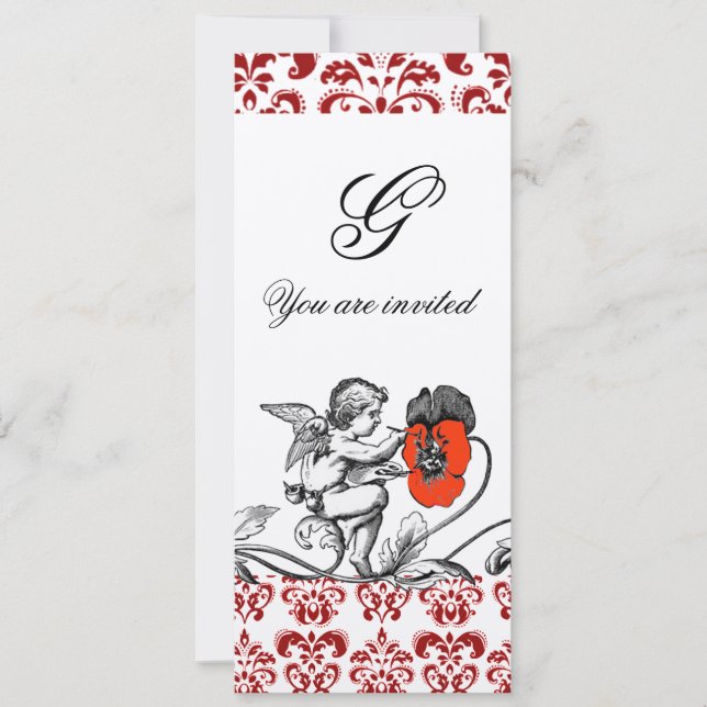 Invitation ANGE PEINTURE FLEUR ROUGE DAMAS MONOGRAMME argent (Devant)