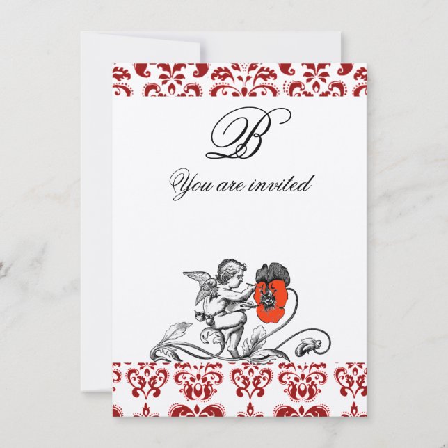 Invitation ANGE PEINTURE MONOGRAMME EN DAMAS DE FLEUR ROUGE f (Devant)