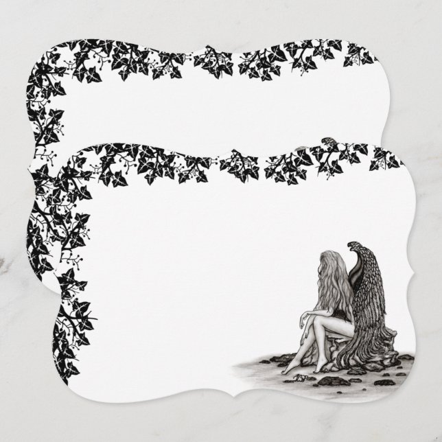 Invitation Ange , perdu dans ses pensées , Design noir et bla (Devant / Derrière)