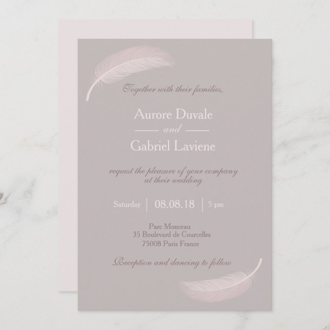 Invitation Ange plume rose rousse taupe élégant mariage (Devant / Derrière)