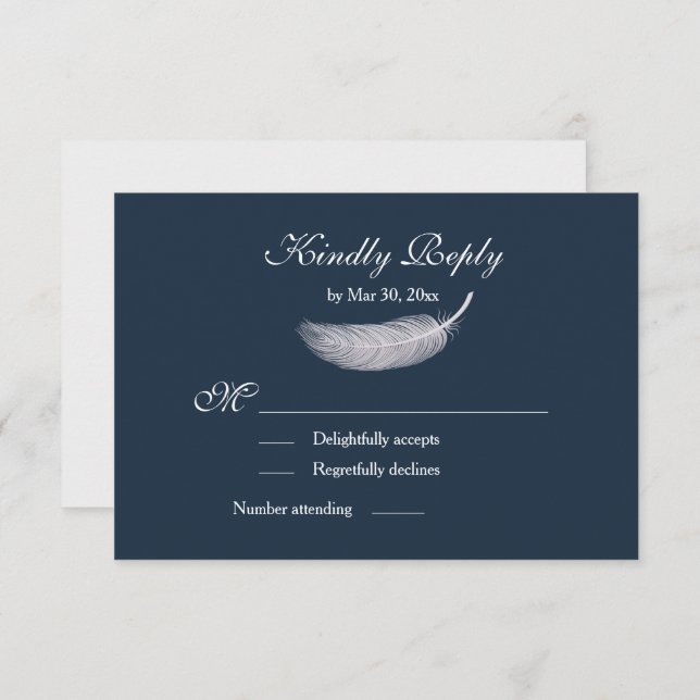 Invitation Angel Feather Marine Bleu Blanc Mariage RSVP (Devant / Derrière)