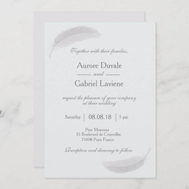 Invitation Angel plumes bébé bleu blanc gris élégant mariage (Devant / Derrière)