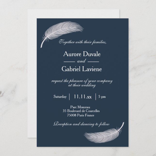 Invitation Angel Plumes Marine Bleu Blanc Mariage Whimsical (Devant / Derrière)