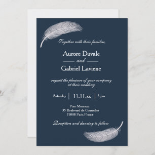 Invitation Angel Plumes Marine Bleu Blanc Mariage Whimsical