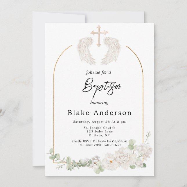 Invitation Angel Wings Cross Gold Baby Baptism (Devant)