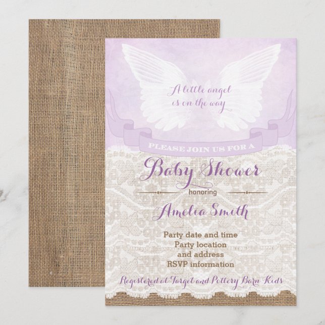 Invitation Angel Wings Lilac Baby shower Party (Devant / Derrière)