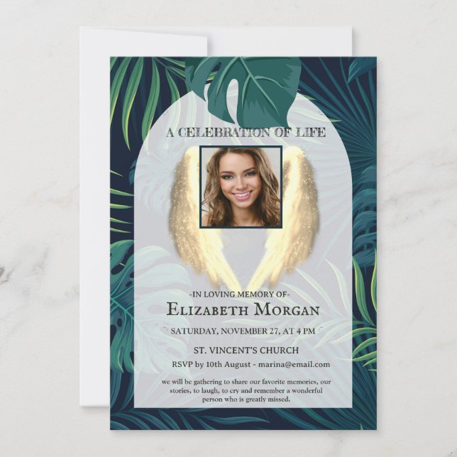 Invitation Angel Wings Palm Leaves Photo Celebration Of Life (Devant)