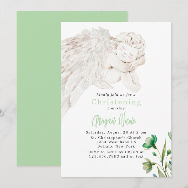 Invitation Angel with Wings Green Floral Baptism  (Devant / Derrière)