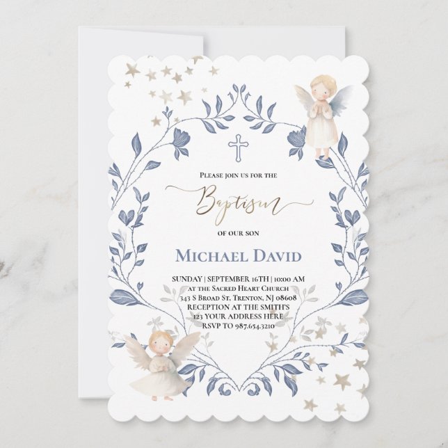 Invitation anges cadre Baptême bébé garçon (Devant)